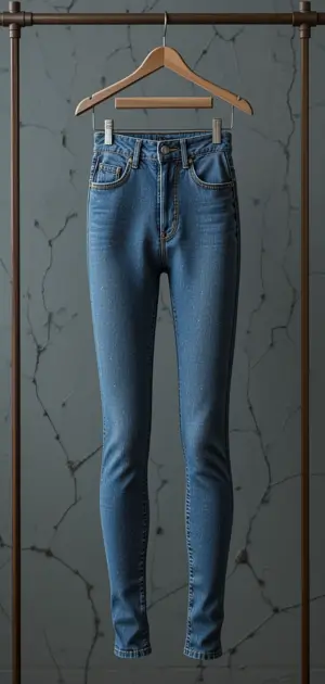 High-waisted stretch denim leggings displayed on a hanger.