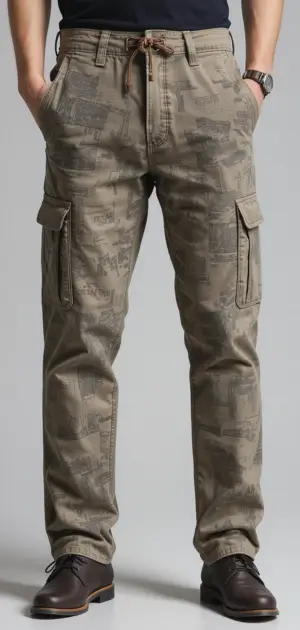 Men's khaki cargo pants with an urban print and side pockets.