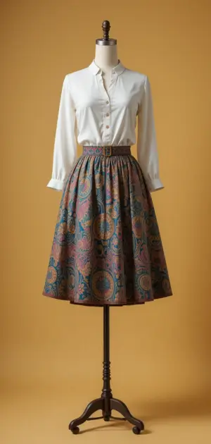 Mannequin dressed in a colorful pleated skirt and a white button-up blouse.
