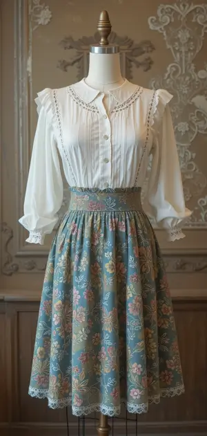 Vintage pastel skirt with floral designs and a white blouse with lace details.
