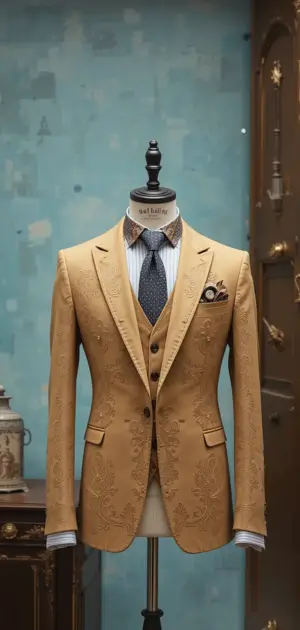 A mustard-colored embroidered suit with a vest, styled on a mannequin.