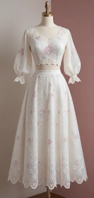White lace wedding skirt with pink floral embroidery and puff-sleeved top.