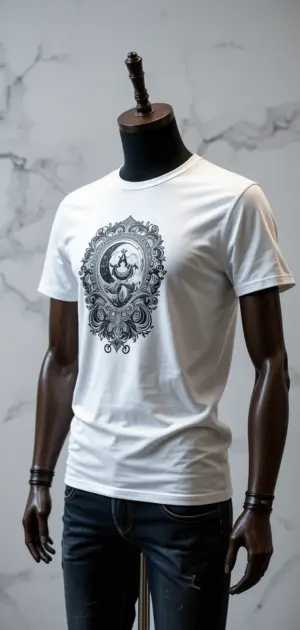 Classic white T-shirt styled on mannequins for men’s fashion.