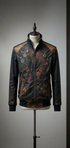 Black zip-up jacket featuring embroidered floral designs for a modern look.