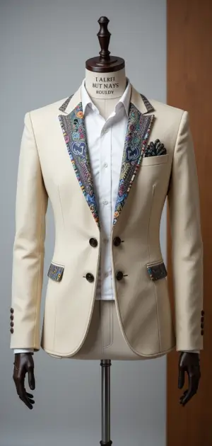 Elegant cream blazer with colorful embroidered lapels and a tailored fit.