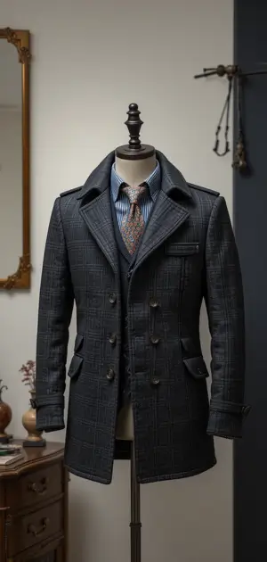 Dark checkered double-breasted coat with classic tailoring and sharp fit.