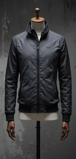 Black athletic jacket with a quilted finish and zip closure.