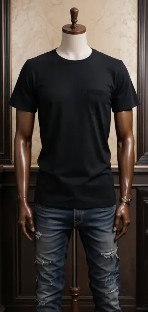 A black t-shirt and jeans combination on a mannequin, styled casually.