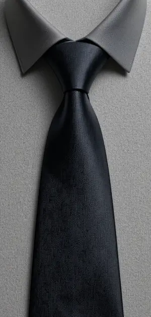 Close-up of a black tie with a subtle pattern, neatly paired with a grey shirt.