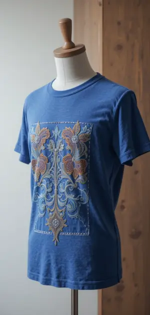 Blue t-shirt with an ornate embroidered floral pattern on a mannequin.