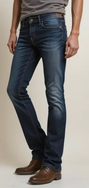 Men's dark blue bootcut jeans featuring subtle fading and a snug fit.