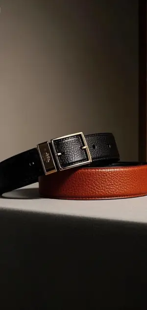 Black and tan leather belt with a classic gold buckle, perfect for any look.