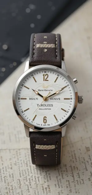 A sophisticated silver wristwatch with a textured white dial and a stitched canvas band.