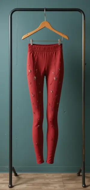 Red leggings with floral embroidery hanging on a wooden hanger.