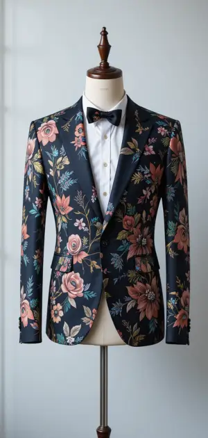 Dark navy blazer with pink floral accents and a bow tie.
