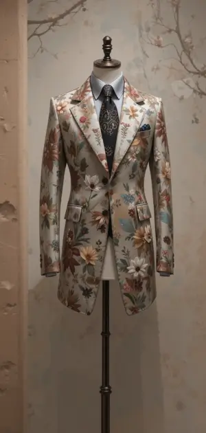A fitted beige floral blazer with subtle botanical prints on a mannequin.