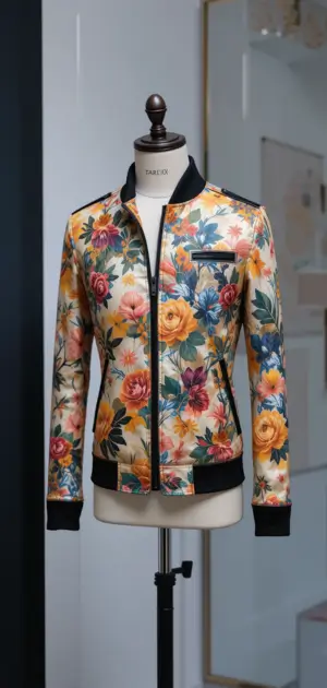 Yellow floral bomber jacket with bold, colorful flower prints.