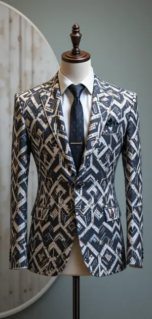 A bold monochrome geometric blazer with intricate patterns.