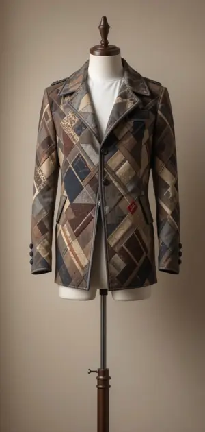 A brown, beige, geometric-patterned men's coat with a classic fit.