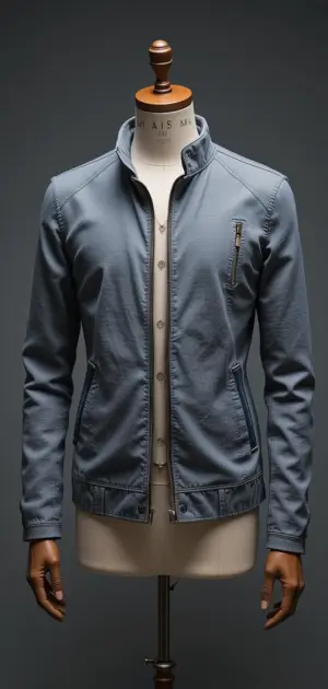 Blue linen jacket with zippered pockets for a sleek, modern look.
