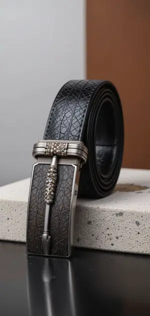 Luxury black leather belt with a detailed vintage-inspired buckle.