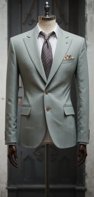 A fitted pastel green blazer with a patterned tie on a mannequin.