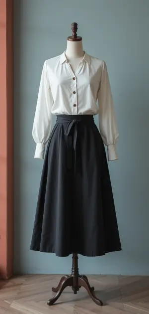 White button-up blouse tucked into a black flowy midi skirt.