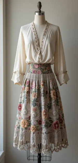 Vintage floral neutral skirt with lace trim, styled with a cream blouse.