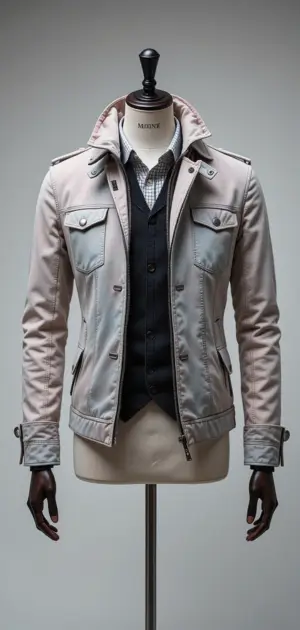 Beige and gray military-style pastel jacket with a tailored fit.