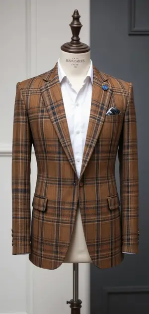 Tan plaid blazer styled with a white shirt and pocket square.