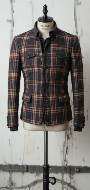 Men's brown plaid jacket with a structured look and checkered pattern.