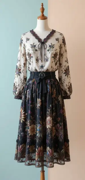 Mannequin wearing a floral polyester skirt and coordinating floral blouse.