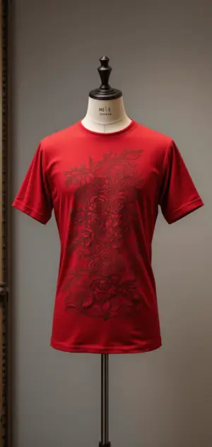 Men's red T-shirt with a striking embroidered eagle emblem.