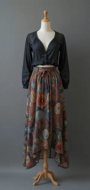 Flowing dark floral silk skirt paired with a deep V-neck black blouse.