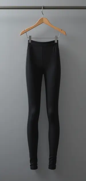 Black high-waisted skinny leggings hanging on a wooden hanger.
