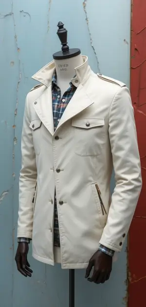 White trench-style jacket with structured shoulders and a clean finish.