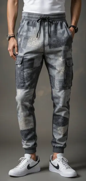 Man wearing grey patchwork cargo joggers with a white T-shirt and sneakers.