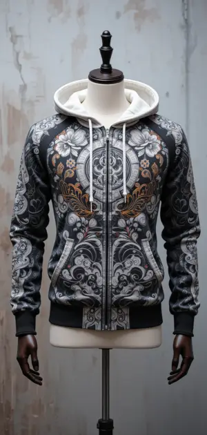Black and grey hoodie with detailed patterns and a stylish zip design.