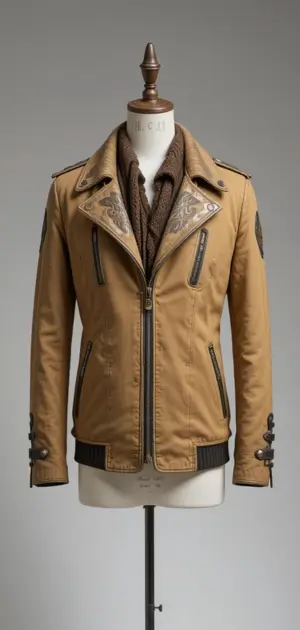 A tan streetwear jacket featuring embroidered lapels and a warm scarf.