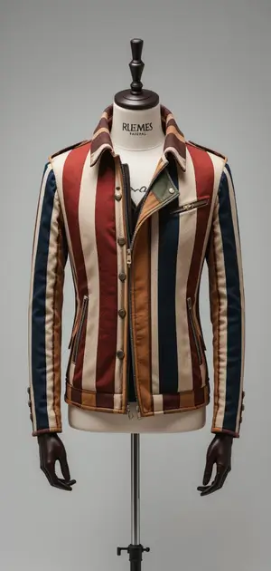 Men's retro-style striped jacket with a bold color-blocked pattern.