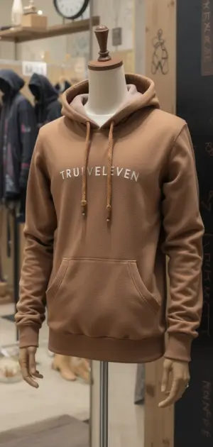 Brown hoodie with text branding and a soft, travel-friendly fabric.