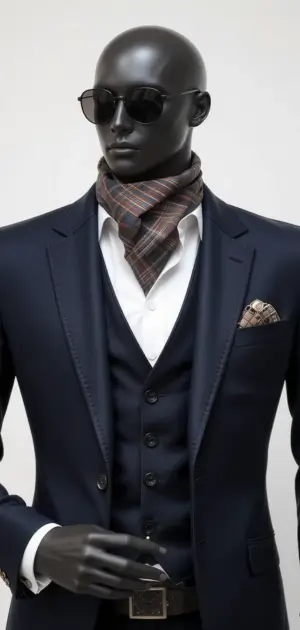 A navy three-piece suit paired with a plaid scarf, pocket square, and sunglasses.