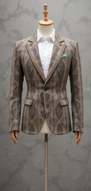 Brown vintage blazer with intricate detailing, paired with a white shirt.