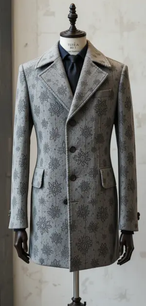 Grey embroidered vintage coat with structured lapels and a tailored fit.