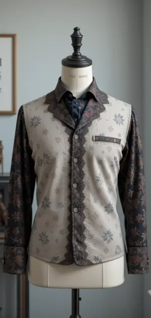 A formal vintage dress shirt featuring an attached waistcoat with lace details.