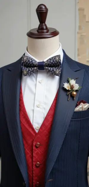Navy pinstripe suit with red waistcoat, patterned bow tie, and boutonniere.