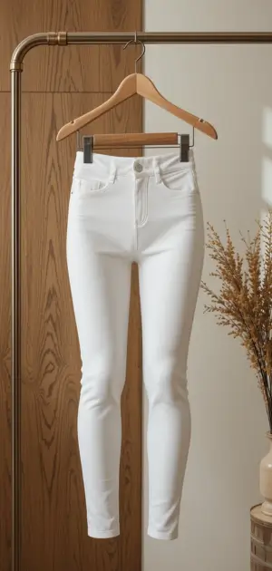 White high-rise skinny jeggings with front pockets and a button.