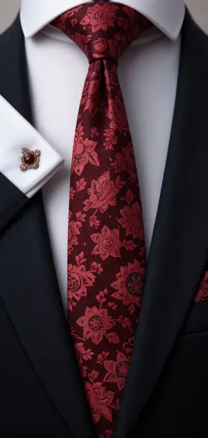 A stylish red floral tie worn with a black suit and white dress shirt.