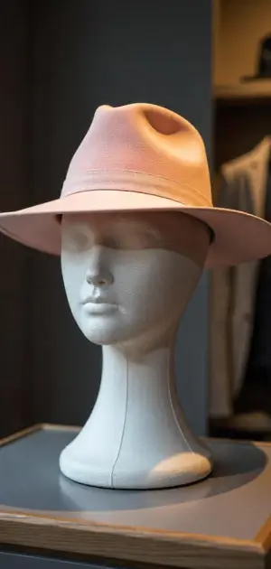A white fedora with a textured grey ribbon on a black mannequin