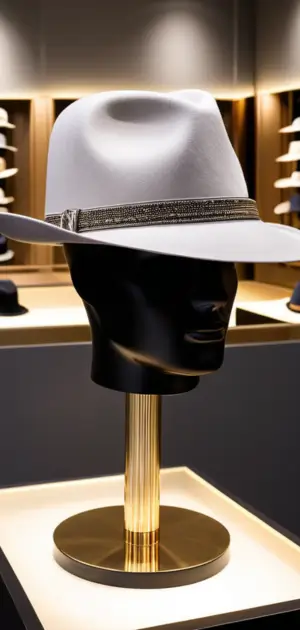 A structured grey fedora with a black ribbon worn by a mannequin dressed in a formal suit.